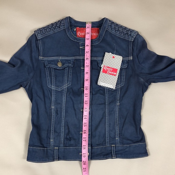 Rustic Denim Distressed Denim Jacket With Woven Leather Shoulder Size M Juniors - Picture 10 of 12